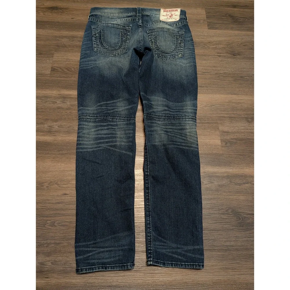 True Religion Moto Section Slim Biker Jeans Blue Denim Ribbed Knee Mens 34